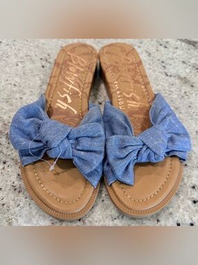 Light Blue Denim Bow Slide Sandals by Blowfish Malibu